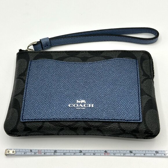 EUC Coach Corner Zip Wristlet with Metallic Navy Colorblock (Black Smoke/Silver) - Picture 15 of 16